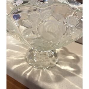 Vintage Bohemia Style Pressed Glass Pedestal Bowl Frosted Rose Floral Compote